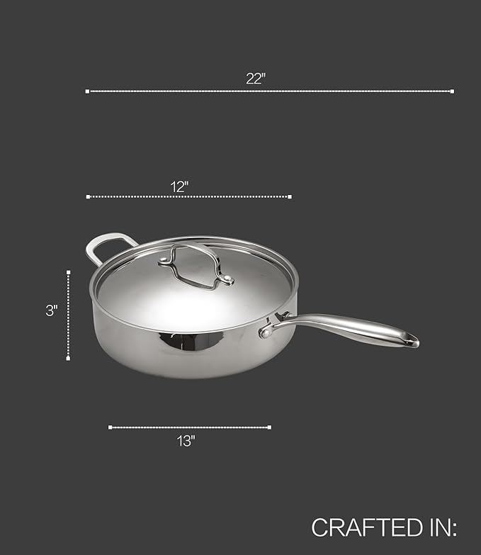 Large Saute Pan with Lid 12 inch Stainless Steel Sauté Pan (5.5 Qt) - 5-Ply Stainless Steel Deep Saute Pans- Oven Safe & Stovetop Agnostic - Non Toxic, PTFE & PFOA Free