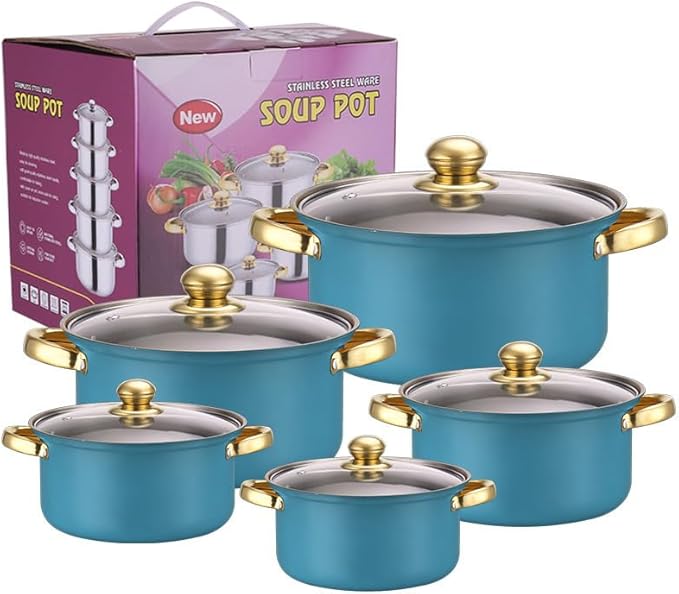 10PCS Stainless Steel Cookware Sets Nonstick Cookware Pot Dishwasher Safe Pots with Glass Lids for Soup, Pasta, Stew, Rice, Healthy Everyday Use for Gas Electric Halogen Ceramic Induction Hobs 05