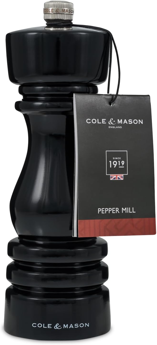 Cole & Mason London Refillable Spice Mill - Kitchen & Home Accessory - Table Black Pepper Grinder - Pepper Mill with Carbon Steel Mechanism - 7", Black Gloss