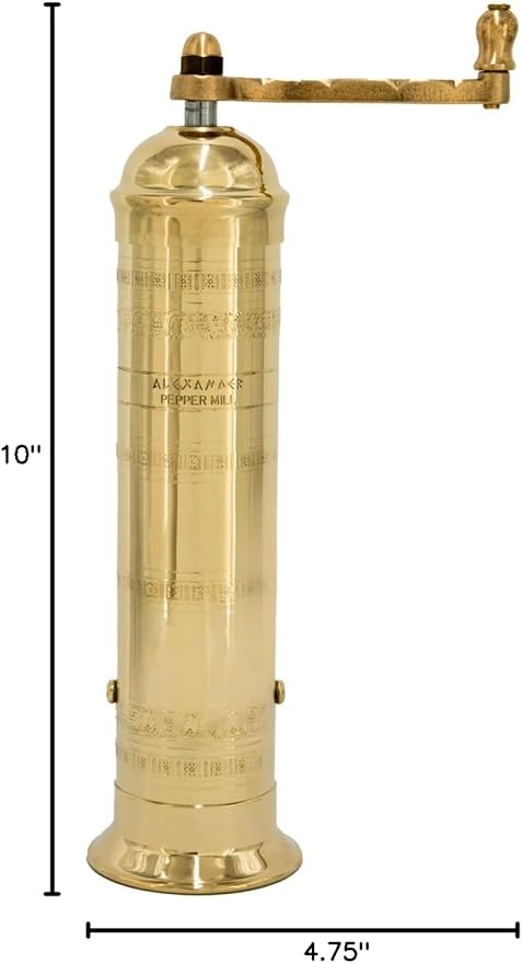 The Original Greek Pepper Mill 10 Inch Tall | European Pepper Mill Grinder with Crank Handle | Manual Pepper Grinder | Peppercorns Refillable - Brass
