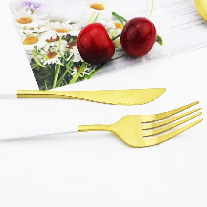 JASHII Silverware Set, 24-Piece Stainless Steel Flatware Set,Kitchen Utensil Set Service for 6,Tableware Cutlery Set for Home, Dishwasher Safe (Matte White handle gold)