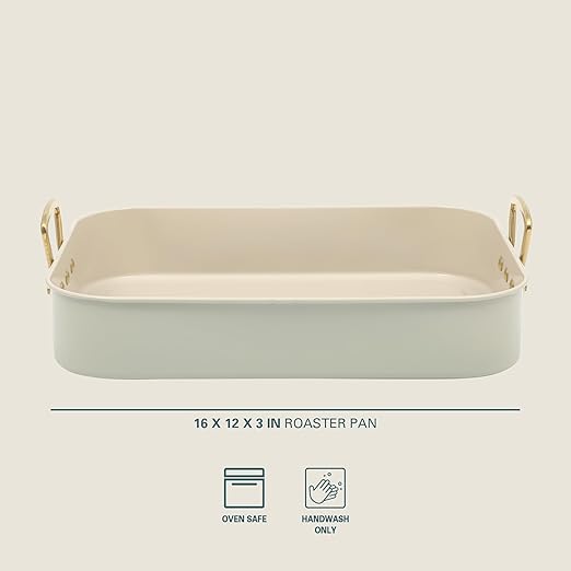 Gibson Home Broxton 2-Piece Nonstick Roaster Pan with Rack – 16 x 12 Inch Mint Green Turkey Roasting Pan with Cast Aluminum Gold Handles – Oven-Safe, Easy-Clean, Holiday Cookware
