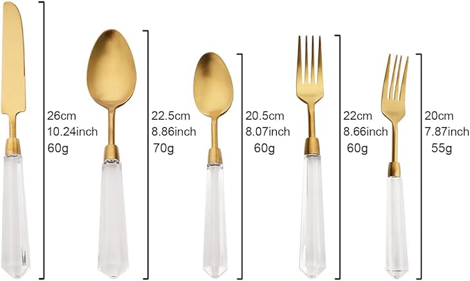 JASHII 5pcs Gold 304 Stainless Steel Flatware Cutlery Set with Transparent Acrylic Handle Diamond Shape, Matte Knife Fork Spoon Set, Dishwasher Safe for Home Wedding Hotel