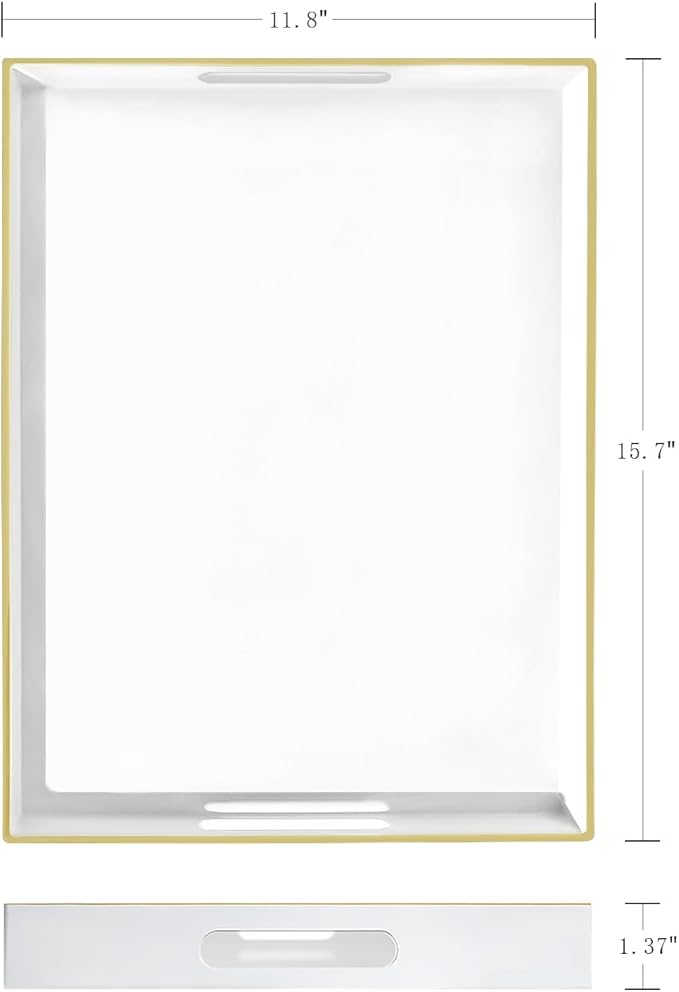 White Sturdy Acrylic Serving Tray with Handles-15.7x11.8Inch, Morden Plastic Rectangular Serving Tray for Coffee Table Bathroom, Ottoman, Home Decor