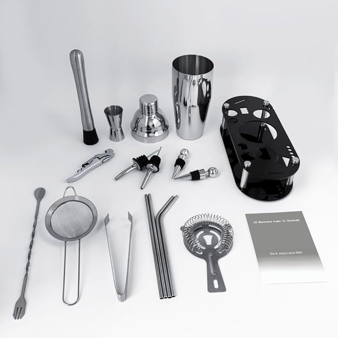 Cocktail Shaker Set Bartender Kit with Stand - 16 Piece Bar Tool Set Drink Mixer Set Includes : 25oz Shakers, Jigger, Strainer, Mixer Spoon, Muddler, Liquor Pourers, Straw (Silver)