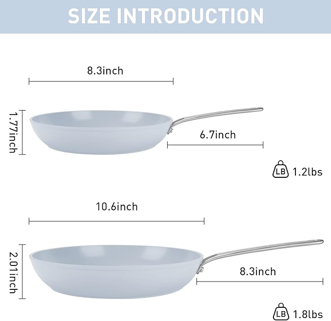 MsMk 8 inch + 10 inch Ceramic Non Stick Frying Pans, Grey Nonstick Skillets Set, PFOA Free Non-Toxic, Scratch-resistant, Oven-Safe, Induction Ready, Compatible with All Cooktops