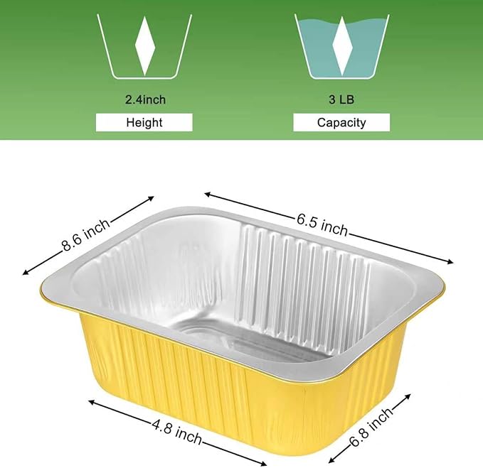 8.6"×6.5"×2.4" - 40 Pack 3LB/48oz Gold Aluminum Foil Pans with Lids Heavy Duty, Foil Food Containers with Lids, Tin Foil Pans for Baking, Meal Prep, Freezer, Heating and Takeout