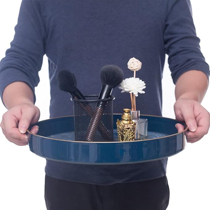 MAONAME 13" Round Decorative Tray, Marbling Plastic Tray with Handles, Coffee Table Trays for Ottoman, Kitchen, Bathroom, Blue