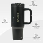 100% Leakproof 40 oz Tumbler with Handle & 4-in-1 SipSwig Lid, Built-In Flip Straw & External Stainless Steel Straw, Insulated Stainless Steel Cup, BPA-Free, Black