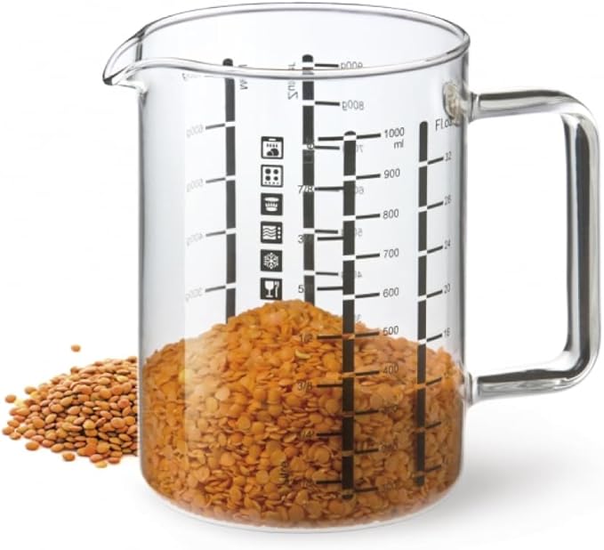 Simax Glass Measuring Cup in Grams, Ml, Oz - Borosilicate 32 Oz Liquid Cup for Metric Measurements, Liter, Milliliter, Ounce, Sugar & Flour Grams - No Drip Pour Spout