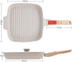 Griddle Pan with Lid, 10 Inch Cast Aluminium Non Stick Steak Pan with Detachable Handle for Induction Hob, White