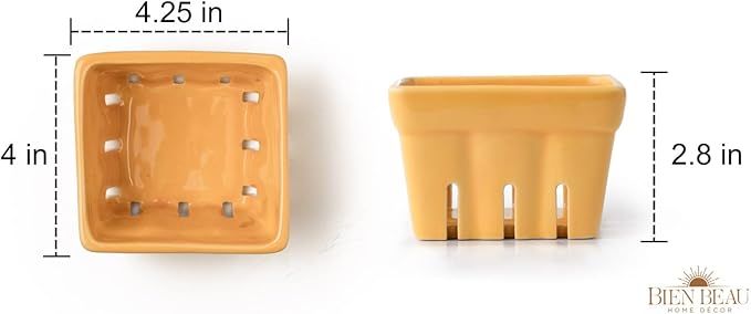 Ceramic Berry Basket, Farmhouse Colander, Farmers Market square Bowl. Rustic Kitchen decor fruit bowls, Fruit Baskets, Yellow, White and floral pattern Stoneware Harvest Bowls Set of 4