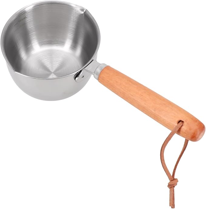 Mini Butter Melting Pot, Stainless Steel Hot Oil Pan Milk Butter Warmer with Wooden Handle Dual Pour Spout Small Sauce Pan Sauce Serving Pots(150ml)
