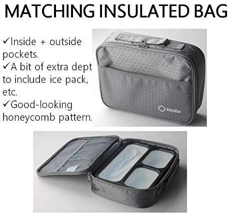 Bento Lunch Box with Bag and Ice Pack Set | Bento Box Adult Lunch Box | 3 Compartment Boxes, Insulated Bags for Work School | Containers for Teens Adults Boys Kids Lunches | Grey Black Large Kit