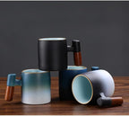 2-Oz Ceramic Espresso Cups with Wood Handle, 2/4-Piece Set for Coffee, Tea, Latte - Dishwasher Safe, Multi-Color & Wood Styles, Gift & Café Use (black white2&blue black2, Wooden Handle4)