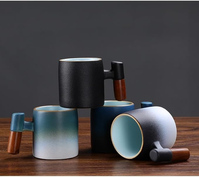 2-Oz Ceramic Espresso Cups with Wood Handle, 2/4-Piece Set for Coffee, Tea, Latte - Dishwasher Safe, Multi-Color & Wood Styles, Gift & Café Use (balck, Wooden Handle2)