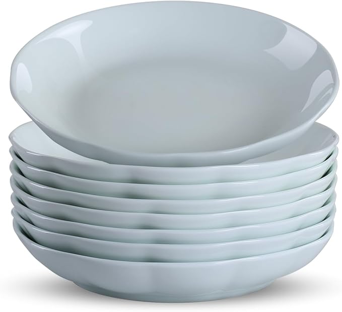 Small Pasta Bowls Set of 8, 16 Oz, 8 inch, Salad bowls, Ceramic bowls, Microwave & Dishwasher Safe, Light Colored Wave Edge