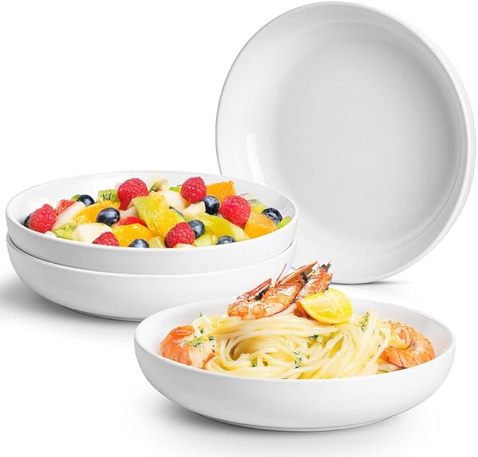 Jassceram Pasta Bowls Set of 4, 9.84 Inch 50oz Large Ceramic Salad Soup Bowls - Porcelain Serving Bowls for Kitchen & Restaurant, Microwave & Dishwasher Safe, White