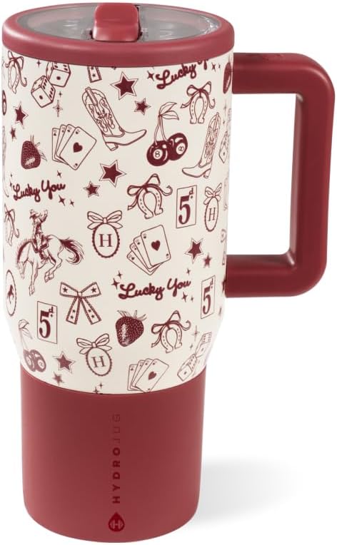 HydroJug Traveler - 20 oz Water Bottle with Handle & Flip Straw - Fits in Cup Holder, Leak Resistant Tumbler-Reusable Insulated Stainless Steel & Rubber Base - Gifts for Women & Men, Red Western Charm