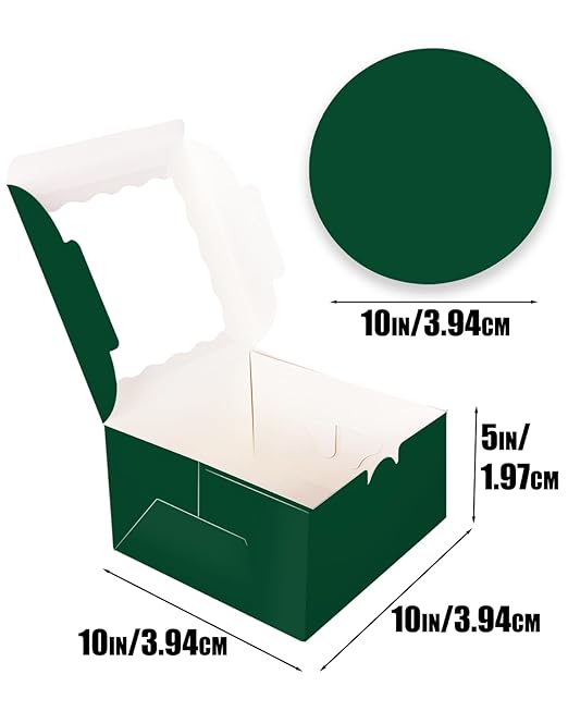 qiqee 10x10x5 Cake Box, 18 Sets Green Cake Box with Window ＆ 18 Sets 10" Gold Cake Round Boards, 10inch Cake Containers