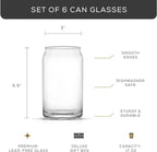 JoyJolt Drinking Glass Cups Set of 6-16oz Beer Can Glasses. Clear Soda Can Shaped Glass Cups, Cute Iced Coffee Cup Tumblers, Cold Drink Glassware, Unique Water, Tea, Cocktail Glass Set