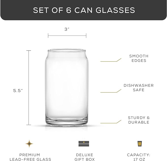 JoyJolt Drinking Glass Cups Set of 6-16oz Beer Can Glasses. Clear Soda Can Shaped Glass Cups, Cute Iced Coffee Cup Tumblers, Cold Drink Glassware, Unique Water, Tea, Cocktail Glass Set