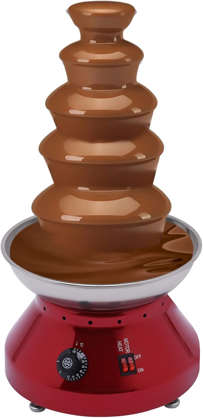 Commercial Chocolate Fountain Machine 5-Tier, 7 Lb Large Capacity Stainless Steel Melting Heater, 3000ml 230w 110v, for Hot Chocolate, Nacho Cheese, Liqueurs Electricfor Wedding, Party (Red)