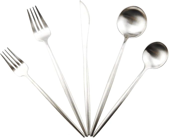 Matte Silver Silverware Set,Gugrida 5-Piece 18/10 Stainless Steel Satin Finish Flatware Set,Kitchen Utensil Set,Tableware Travel Cutlery Set for Camping Office or School Lunch, Dishwasher Safe