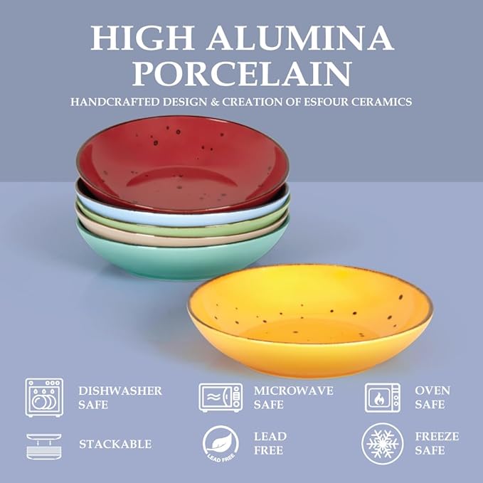 Esfour 8 Inch Porcelain Pasta Bowl, 16 Ounces Salad Bowls, Microwave & Dishwasher Safe, Sturdy & Stackable, Set of 6 Ceramic bowls Plates Set, Wide Shallow salad Bowls Set, Vivid Assorted Colors