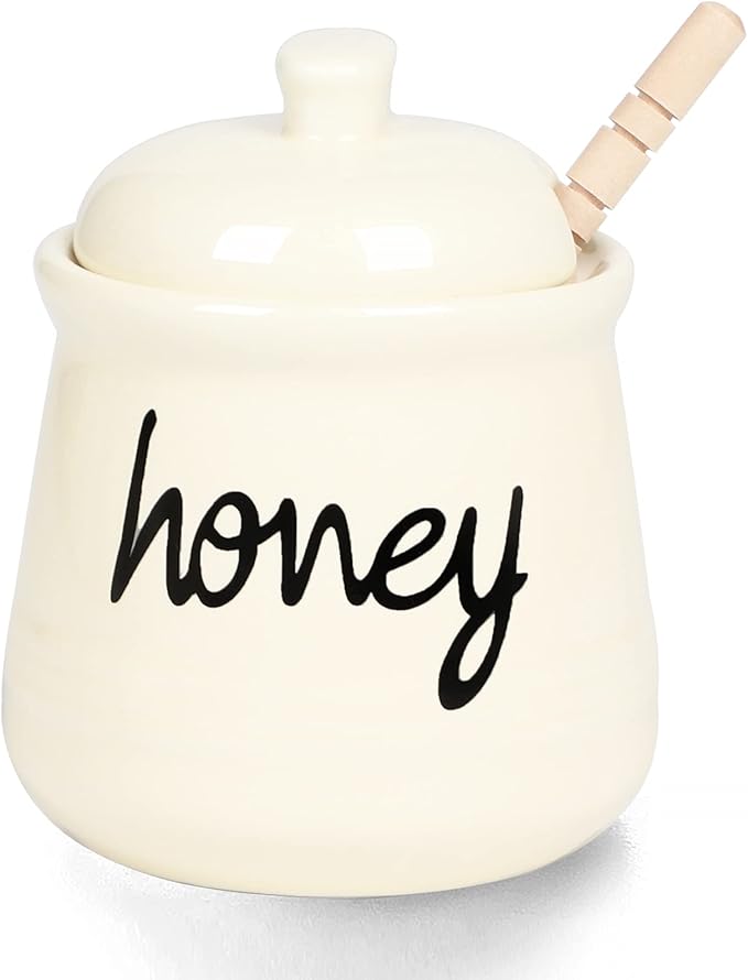 ONTUBE Honey Jar with Dipper and Lid, Ceramic Honey Pot 12oz, Beige