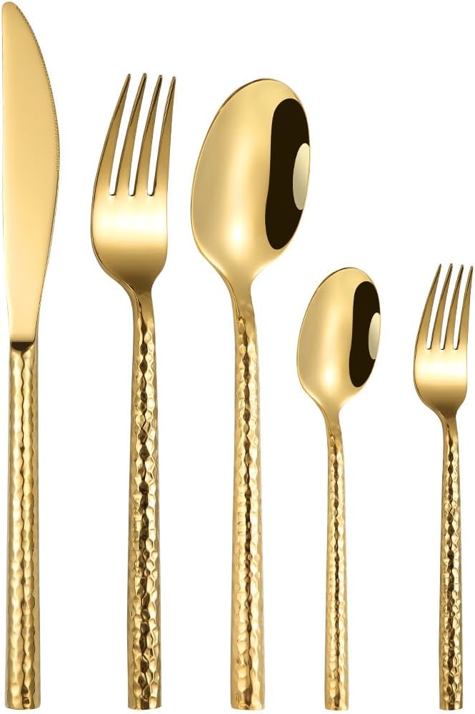 30-Piece Gold Hammered Silverware Flatware Cutlery Set Service for 6,304 Thickened Stainless Steel Cutlery Knife,Fork and Spoon Set,Dishwasher Safe,Gift Package for Wedding Housewarming