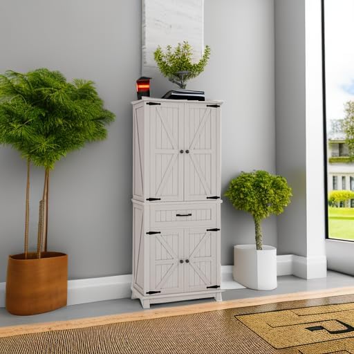 DWVO 72" Tall Farmhouse Pantry Cabinet, Kitchen Storage Pantry with Barn Doors & Drawer, Versatile Organizer with Adjustable Shelves, Rustic Cupboard for Dining Room, Living Room, White Oak