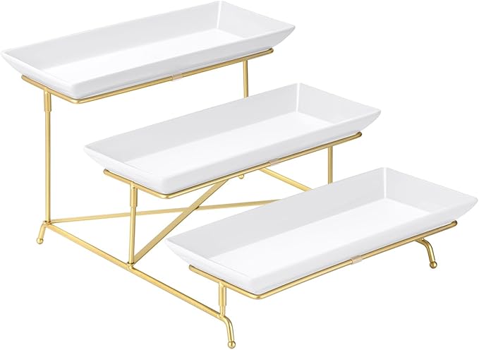 Yedio 3 Tier Serving Tray Set 14 Inch Porcelain Tiered Serving Platters, Collapsible Sturdier Stand with Stable Cross Bars, Three Layer Serving for Party Entertaining Food Display Fruit Dessert