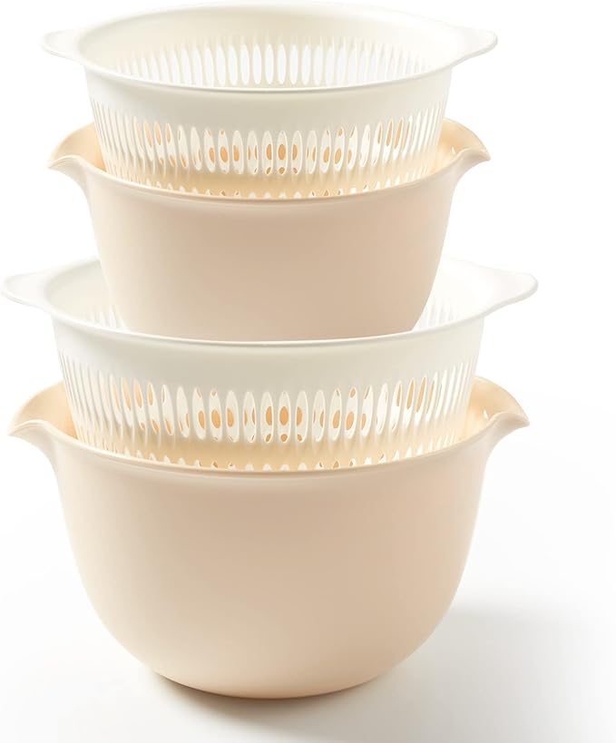 2 in 1 Kitchen Colander Set with Bowl Strainer (2 Sets 3 Qt),BPA Free Plastic Fruits and Vegetable Washing Basket,Dishwasher Friendly Double Layered Drain Basin,for Pasta Salad Berry Cleaning Mixing