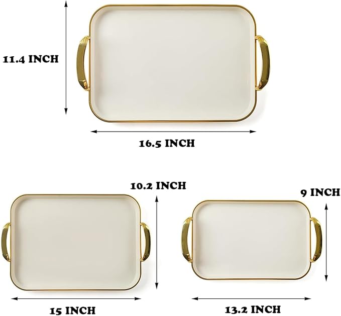 Set of 3 Serving Platters with Handles 16.5/15/13.2 Inch Large Party Serving Trays, Reusable Rectangular White Plastic Trays for Food, Dinner, Cookie, Cake, Turkey, Cheese, Fruit, Appetizer