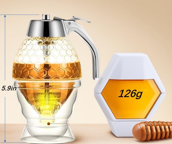 Acrylic Honey Dispenser, Chrome-Plated ABS Lid – No Drip 8 oz Honey Jar – Honeycomb Design Container – Honey Pot for Honey, Maple Syrup