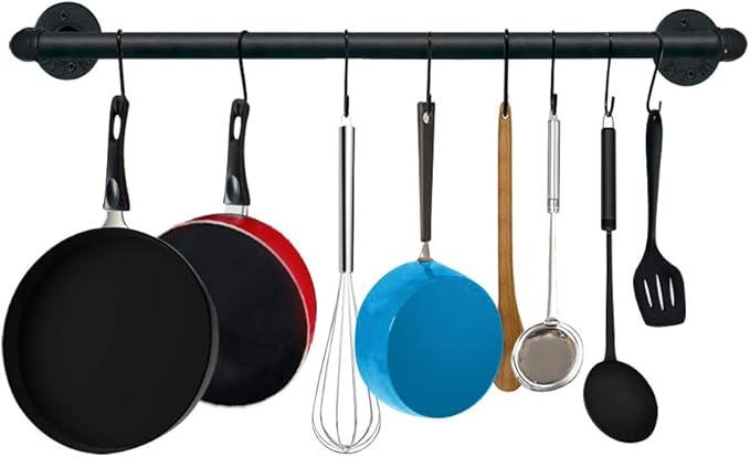 TLBTEK 20 inch Industrial Pipe Clothes Rack,Black Iron Bathroom Kitchen Towel Bar,Vintage Farmhouse DIY Wall Mounted Pot Bar Rack, Detachable Kitchen Utensils Hanger with 8 pcs S Hooks