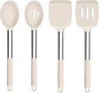 TeamFar Kitchen Utensils, 4 PCS Silicone Cooking Utensils Spatula Spoon Set with Stainless Steel Handle, for Frying Mixing Draining Turning, Healthy & Heat-proof, Non-stick & Dishwasher Safe - Khaki