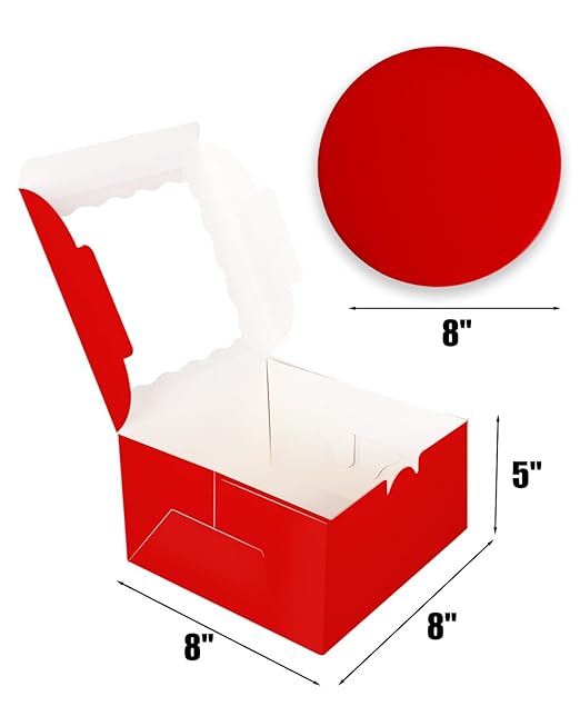 qiqee 8x8x5 Cake Box, 18 Sets Red Cake Box with Window ＆ 18 Sets 8" Red Cake Round Boards, 8inch Cake Containers