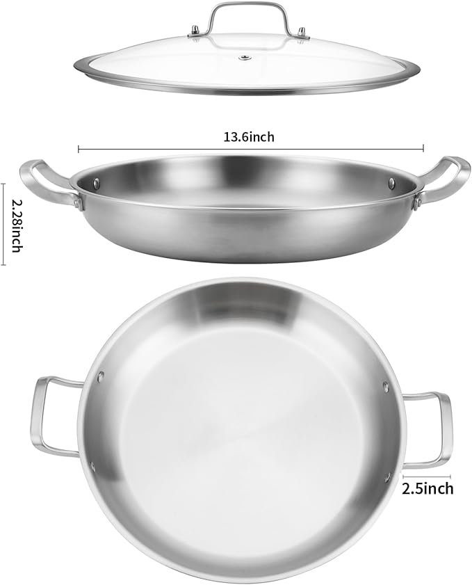 Tri-Ply 18/10 Stainless Steel Paella Pan, 13.5 Inch with Lid | 8-10 Servings, All Cooktop Compatible (Up to 550℉) | Large Stainless Steel Skillet for Outdoor Parties, Family Gatherings & Entertaining