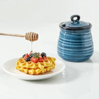 glowworm 12 Ounce Honey Pot, Honey Jars with Dipper, Ceramic Honey Dispenser for Home, Kitchen, Dishwasher Safe, Blue