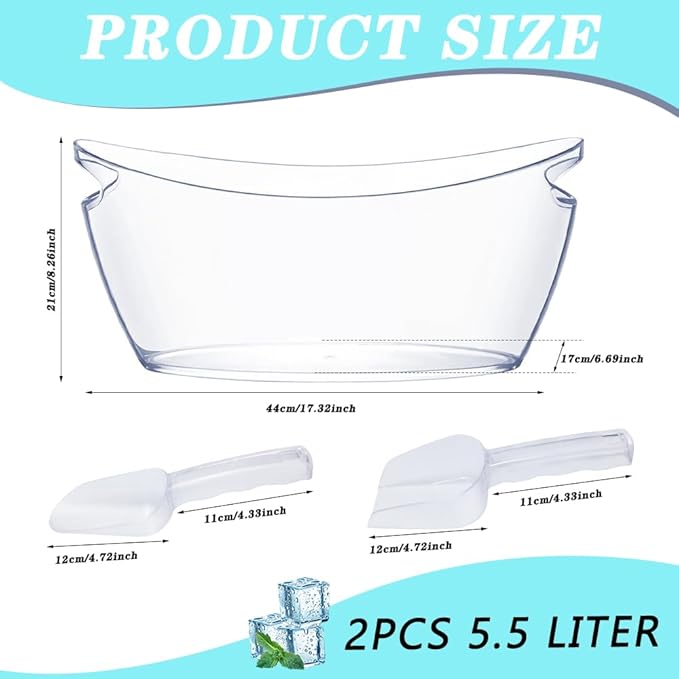 Ice Bucket, 2 PCS 5.5L Acrylic Ice Buckets, Large Beverage Tub for Parties, Mimosa Bar Supplies Beverage Tub and Scoops for Champagne Beer Sparkling Wine Cocktails (2-4 bottles)