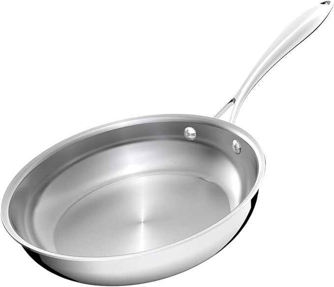 10 Inch Stainless Steel Frying Pan, 5-Ply Stainless Steel Pan, Dishwasher and Oven Safe, Induction Pan, Even Heat Distribution