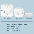 Corelle 18-Piece Service for 6 Dinnerware Set Triple Layer Glass and Chip Resistant, Lightweight Square Plates and Bowls Set, Simple Lines