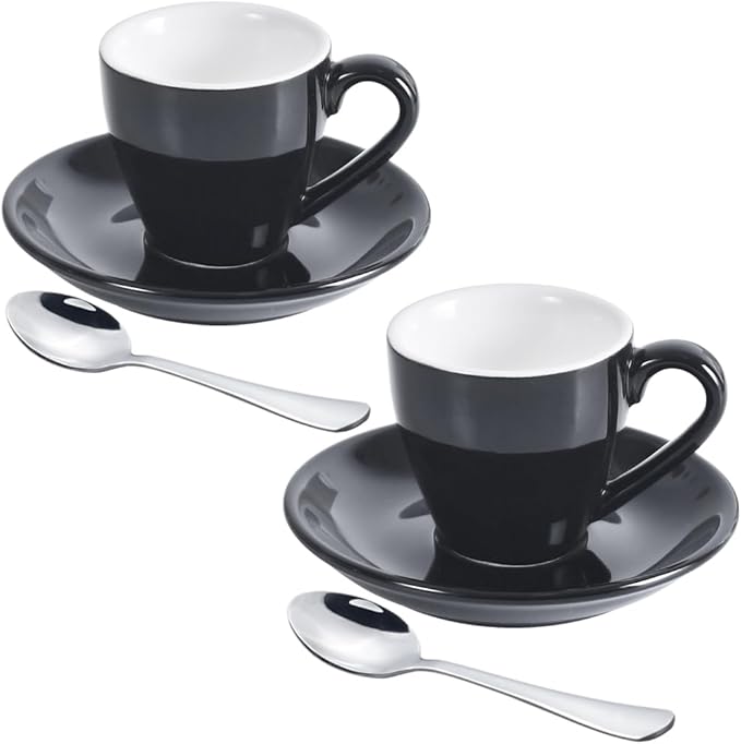 Porcelain Espresso Cup with Saucer And Stainless Steel mini Spoons, Espresso shot Cup, 80ml/2.7Oz, Pack of 2, Black