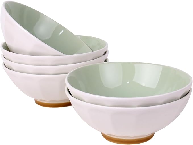 Large Pasta Bowls Set of 6, 29 oz Green Porcelain 7 inch, Microwave Oven Dishwasher Safe for Salad Soup
