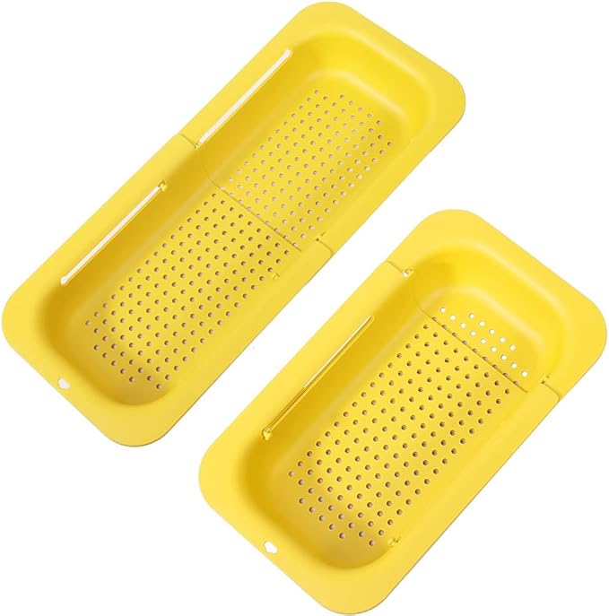 Collapsible Sink Colanders and Strainers Basket Extendable Plastic Fruit Vegetable Strainer Drainer Basket for Kitchen (Length 13.6 inch-18.7 inch) (Yellow)