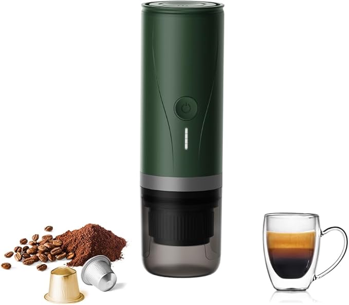 Portable Espresso Maker,Self-Heating Electric Mini Coffee Machine,Up to 20-Bar Pressure,Compatible with NS Capsules & Fine Grind,Coffee Maker for Outdoor Camping,Hiking,RV & Car, travel (Green)