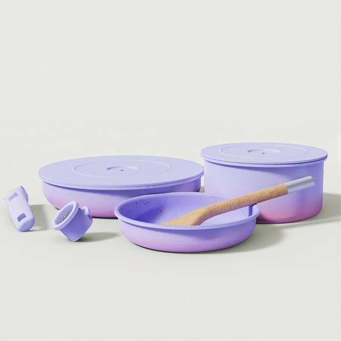 Ombré Titanium Ceramic Cookware Set Non Toxic – 8 Pcs Non Stick Pots and Pans Set with Removable Handles, Magnetic Lid & Wooden Spatula for Cooking – Oven & Dishwasher Safe (Lavender)