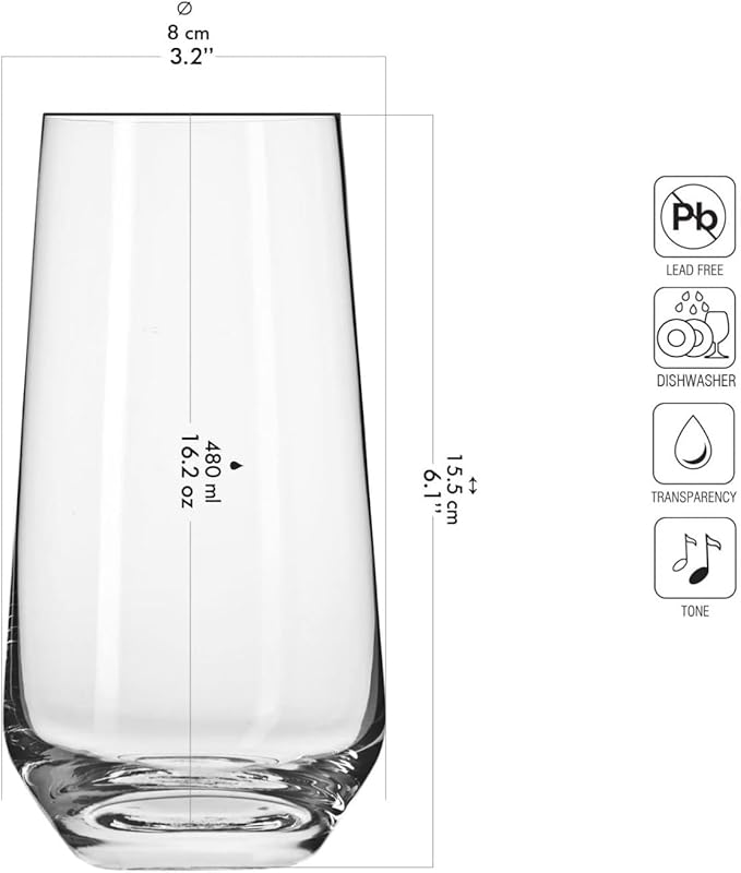 Krosno Tall Water, Juice, Drinking Glasses, Set of 6, 16.2 oz, Splendour Collection, Highball & Tumbler Crystal Glass, Dishwasher Safe, Made in Europe